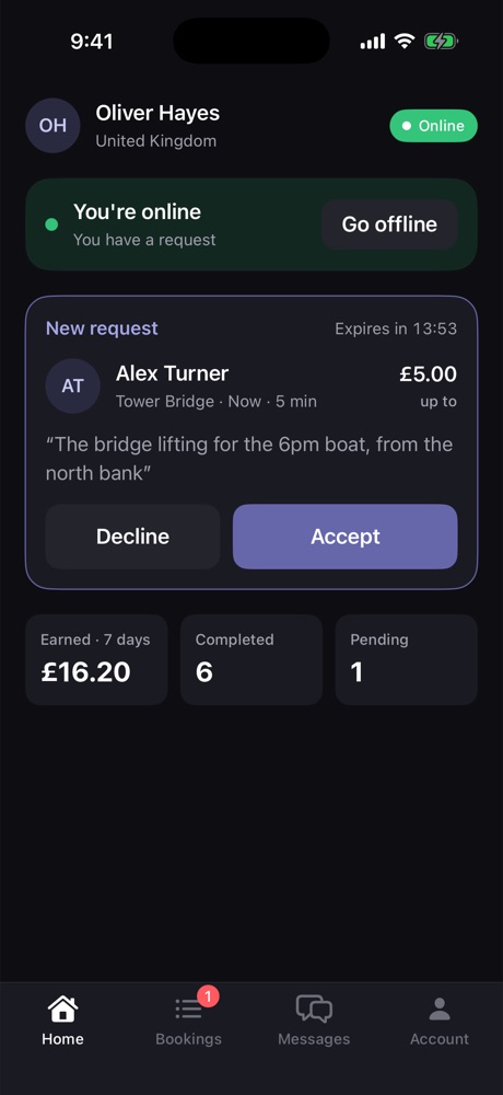 The sharer home screen in dark mode with a new request card and Accept button