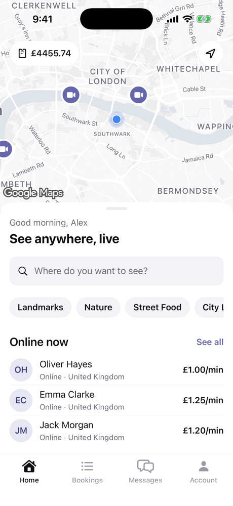 The LiveSharer home screen: a map of London with sharers online nearby