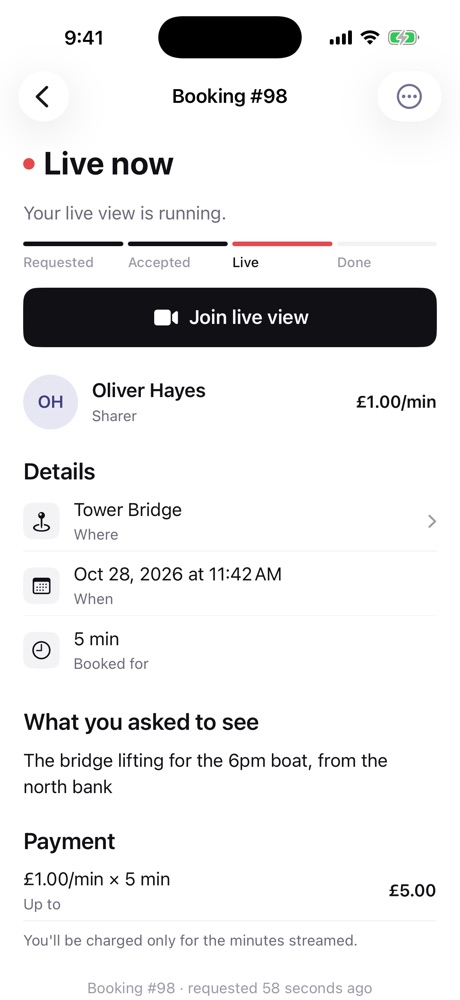 A booking showing Live now with a Join live view button