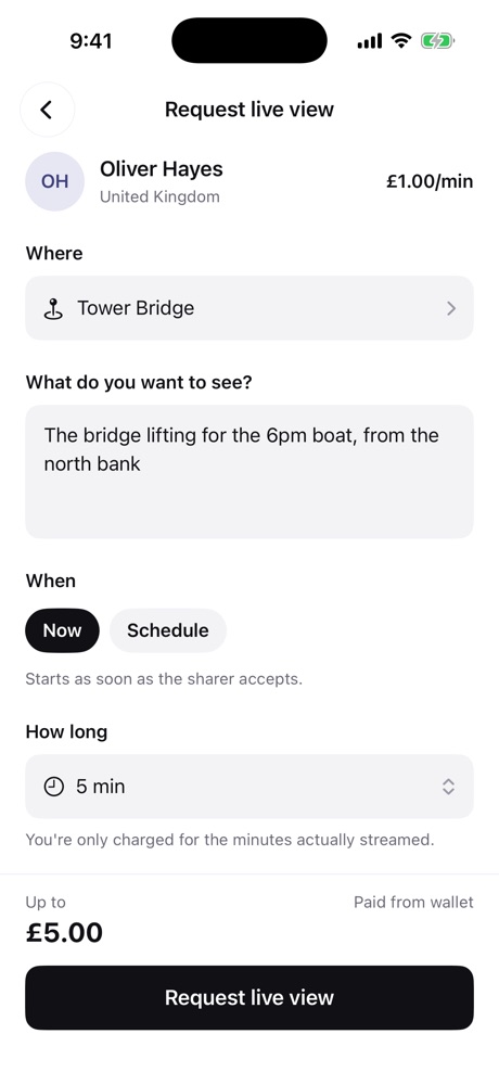 The request form for a live view of Tower Bridge, up to £5.00