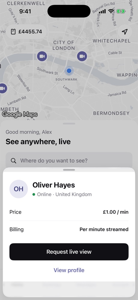 A sharer profile sheet with price per minute and a Request live view button